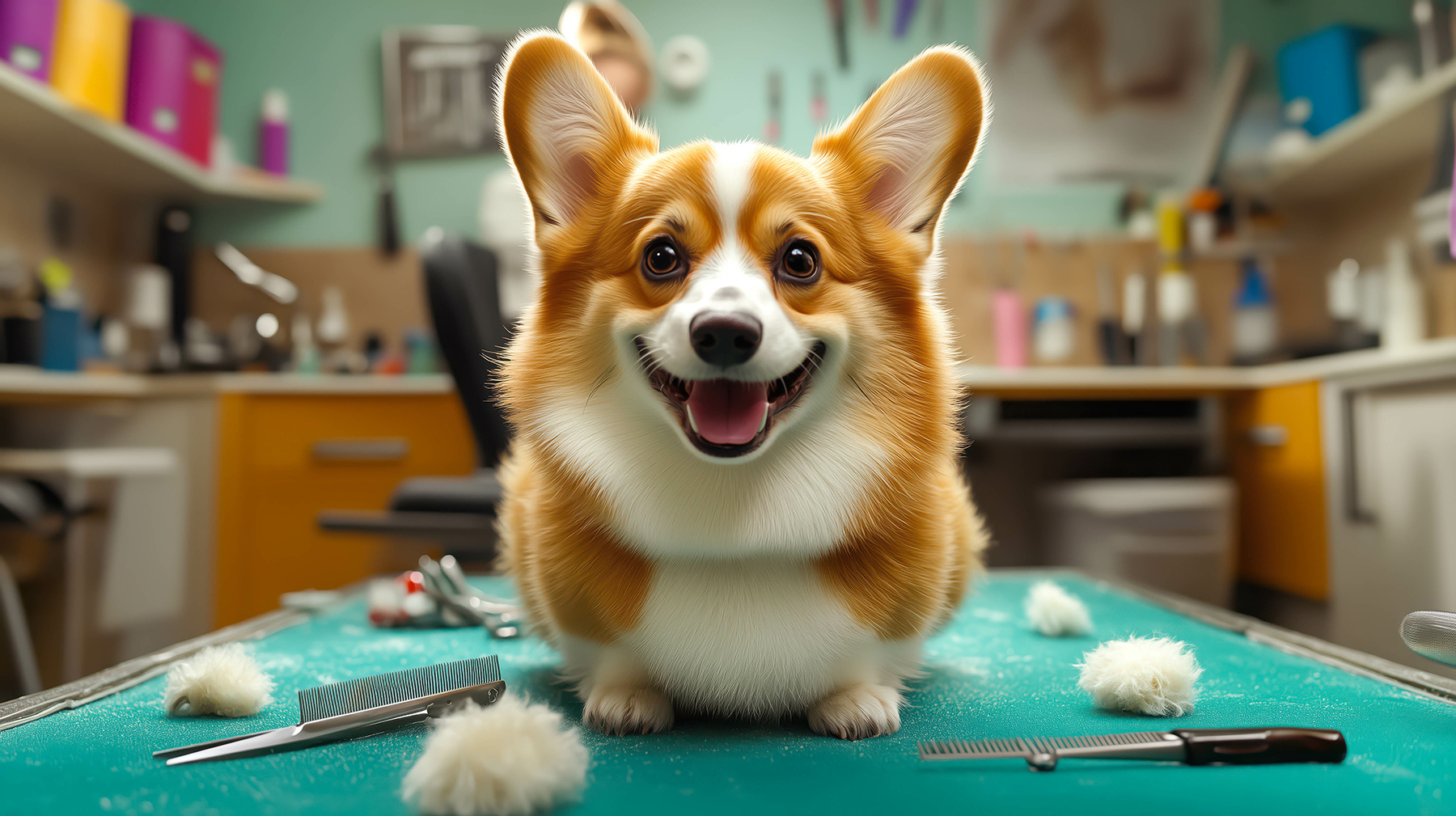 funny and adorable Corgi sitting happily at a pet grooming salon, looking cheerful and excited. The dog is on a grooming table, surrounded by grooming tools dog grooming