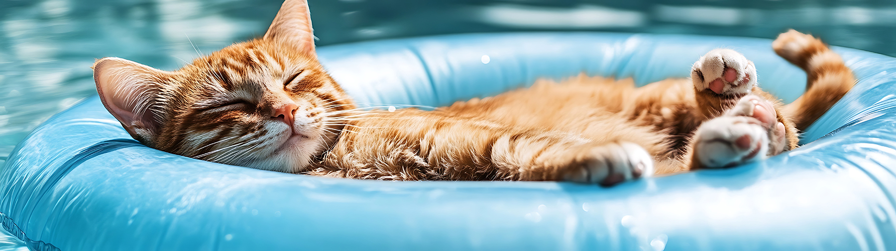 Ginger cat relaxing on inflatable ring in pool Summer Care for Your Pets