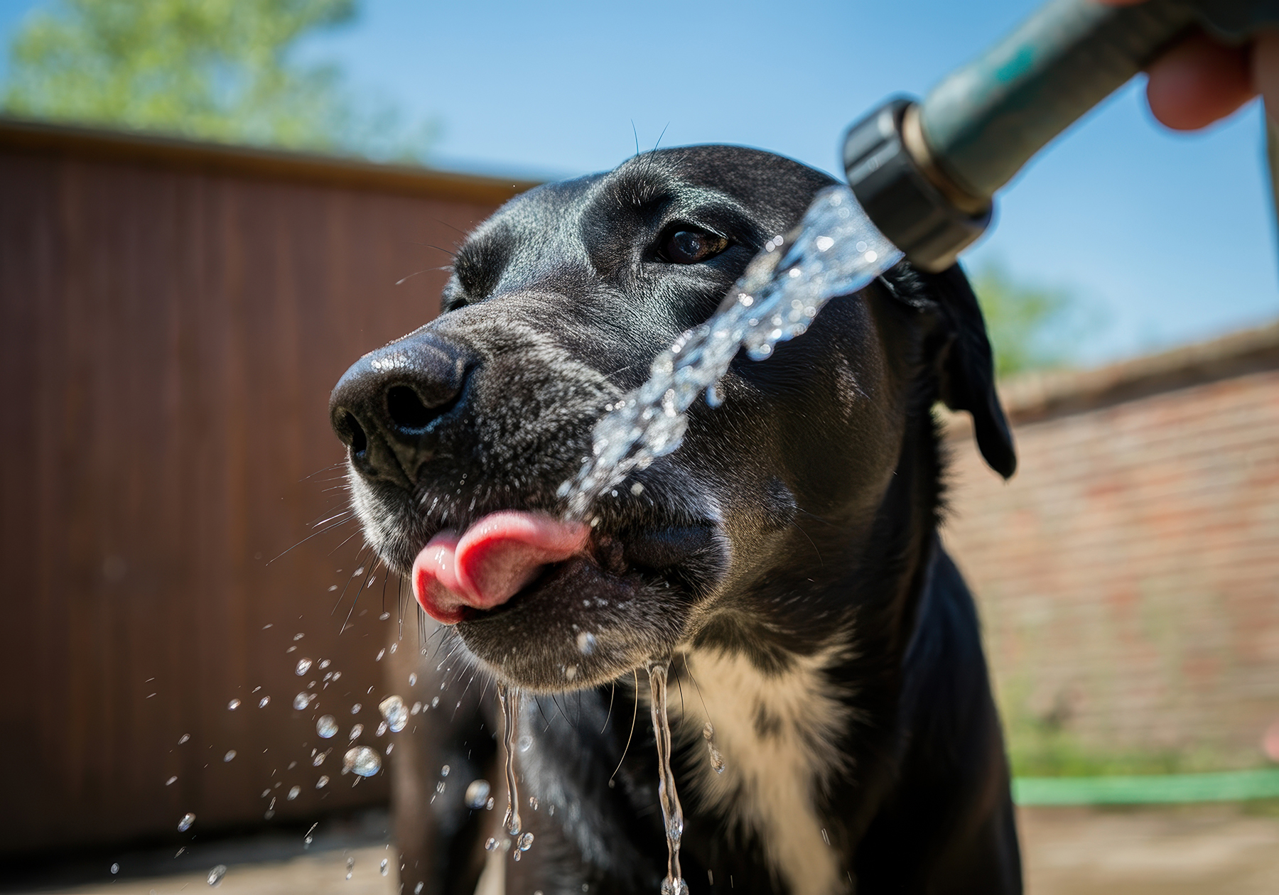 Thirsty black and white labrador drinking water from garden hose Summer Care for Your Pets
