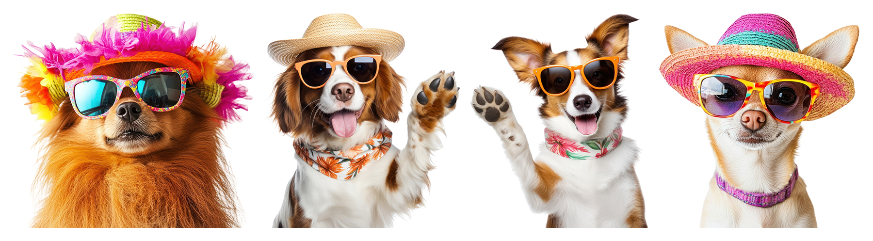 PNG Stylish dogs wearing colorful accessories, element set on tr Summer Care for Your Pets