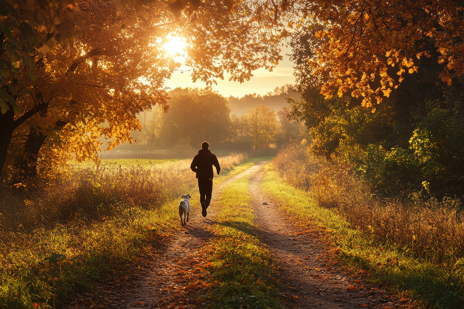 Man and dog running on autumn path at sunrise Fall allergies in people and pets