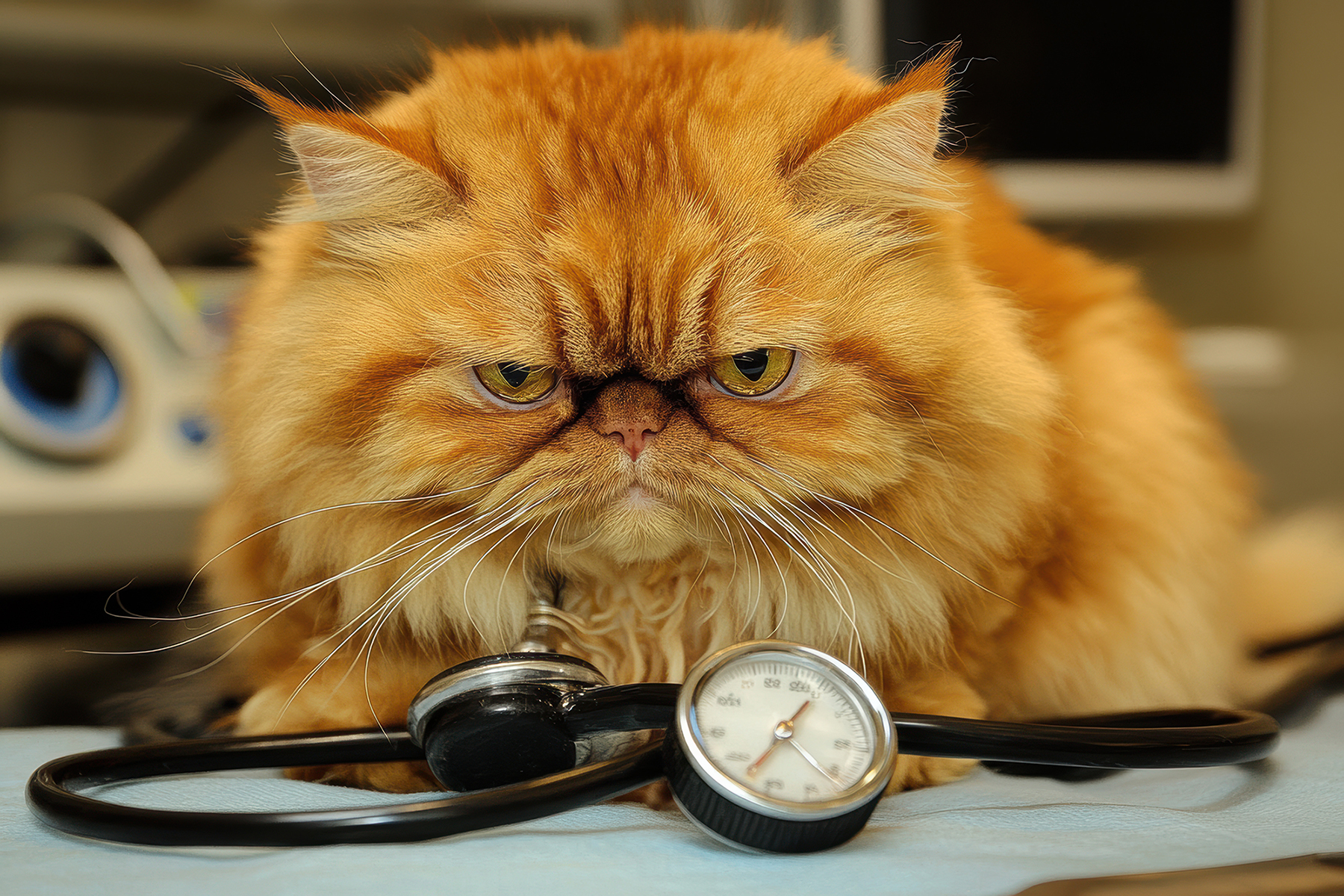 a grumpy-looking, fluffy orange cat sitting on a vet examinatio heart health for cat