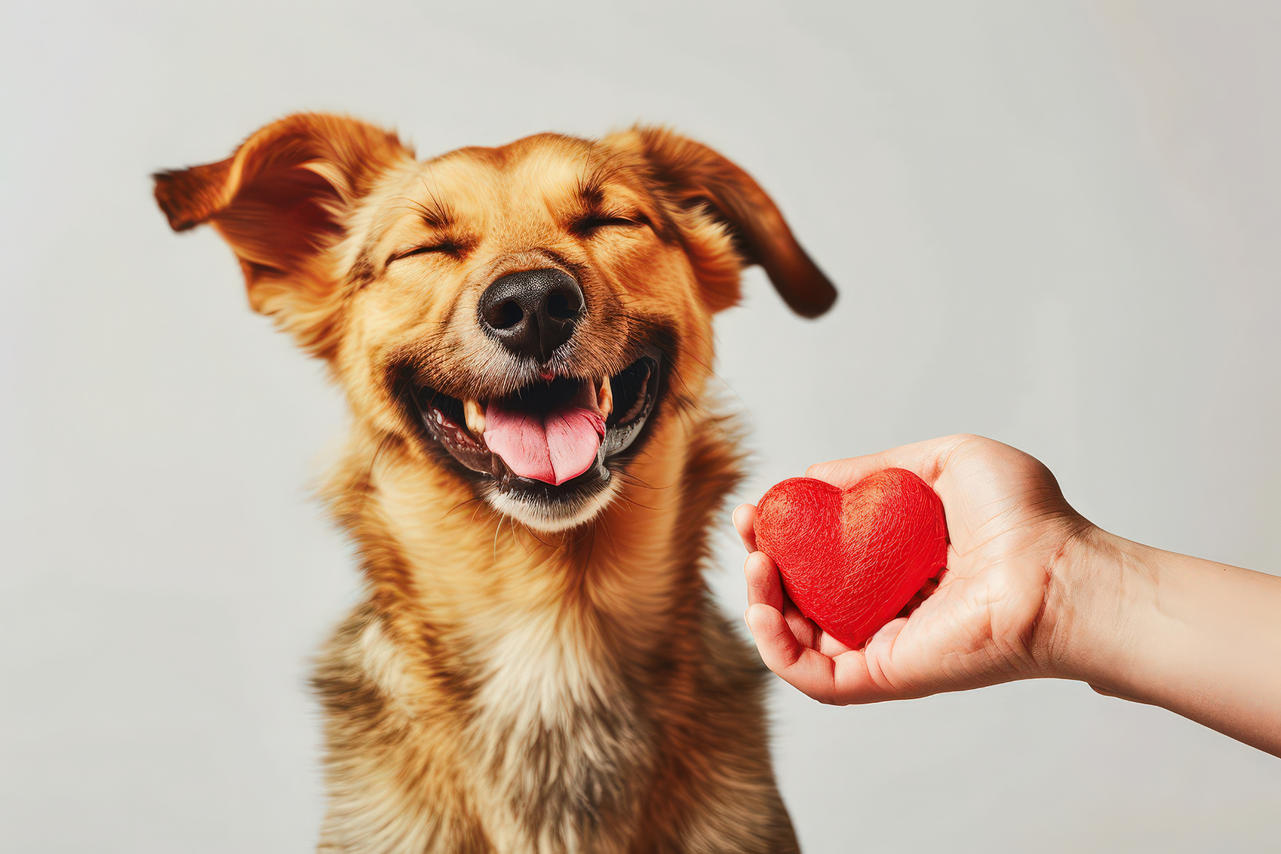 Blood donation for pets. Dog and red heart in human hand for dog smiling. Conceptual image of emergency help for animals, veterinary medicine, blood transfusion, animal rescue, pet insurance heart health in dogs
