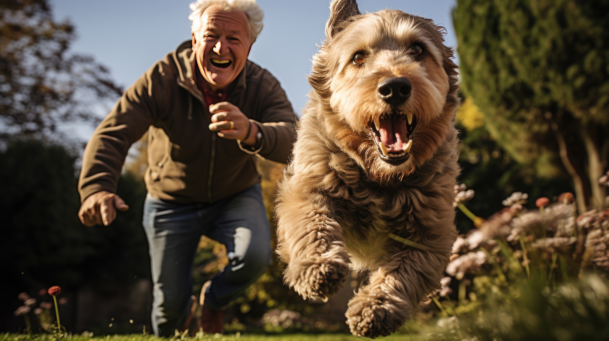 An old man runs after his dog Older pet care