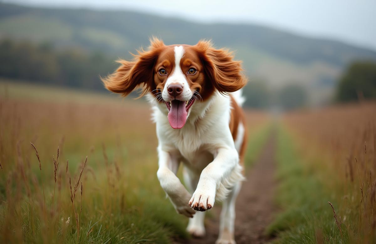 Brown and white Brittany spaniel dog runs fast through field. Happy pet trots on dirt path in countryside. Doggy enjoys outdoor play on cloudy day. Brittany Spaniel running