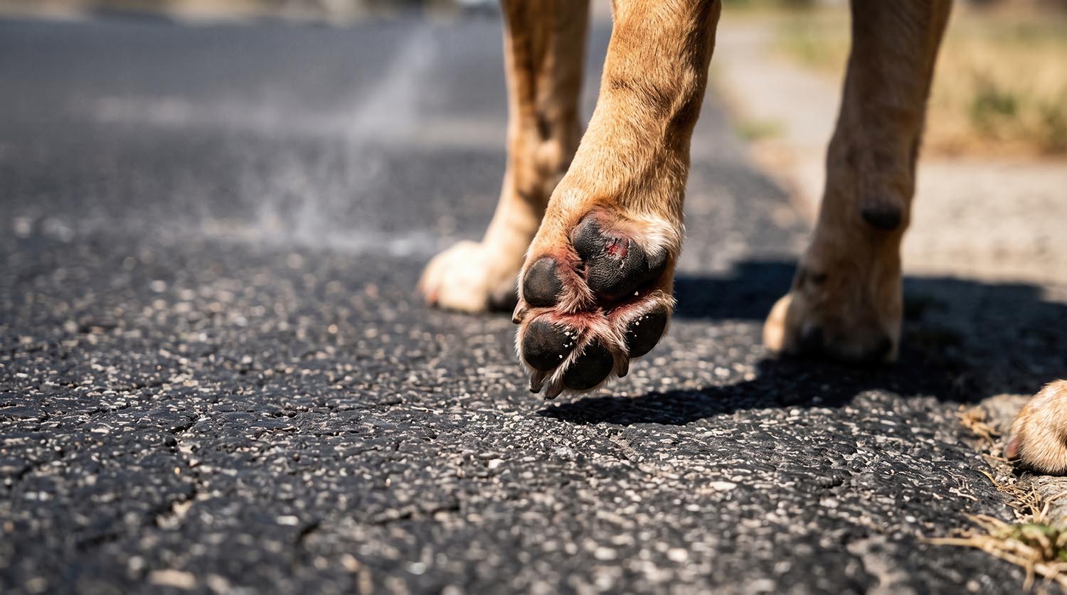 Dog paw on hot asphalt representing danger of extreme summer hea Hot Pavement - Paw Care