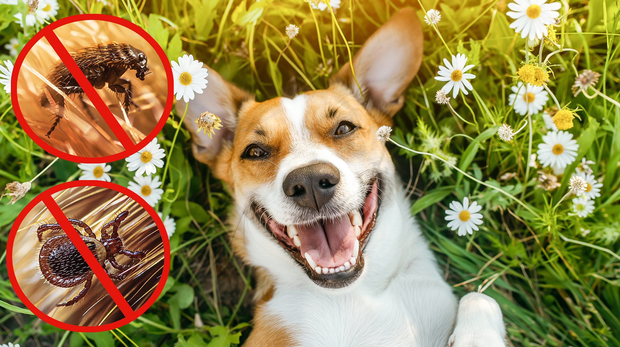 top view Portrait of a happy dog lying on grass in the ra Protect your pet from fleas, ticks Madison, AL