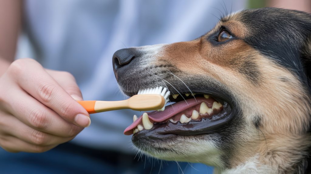 Close-up of owner brushing dog’s teeth with toothbrush for denta