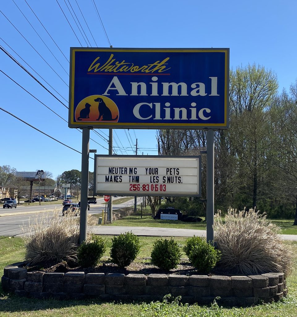 outdoor sign Whitworth Animal Clinic Whitworth Animla Clinic street sign