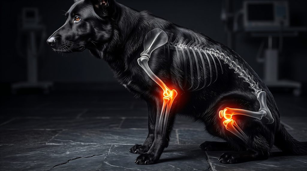 Black Dog Showing Glowing Joint and Bone Anatomy veterinary orthopedics joint pain
